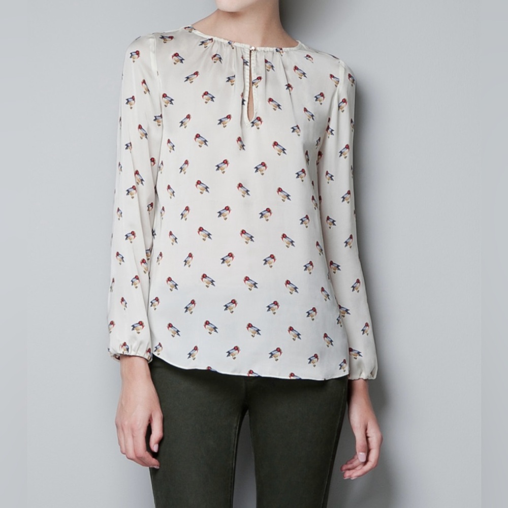 Zara Basic Cream Blouse with Bird Print Size XS